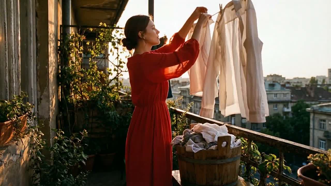 Golden-Hour Balcony Laundry Motion reference 1