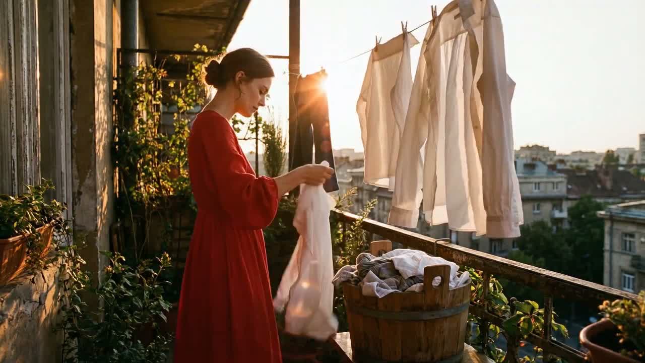 Golden-Hour Balcony Laundry Motion reference 2